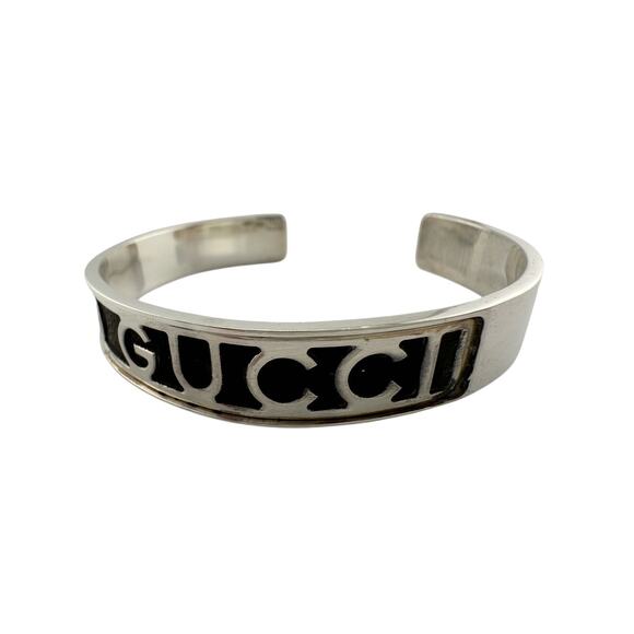 Gucci Black Leather GG Logo Sterling Silver Bangle Bracelet - Vintage! - Picture 7 of 9